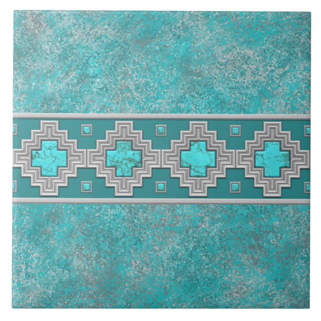 Südwesttürkisfarbenes Stone Geometrisches Muster Fliese (Vorderseite)
