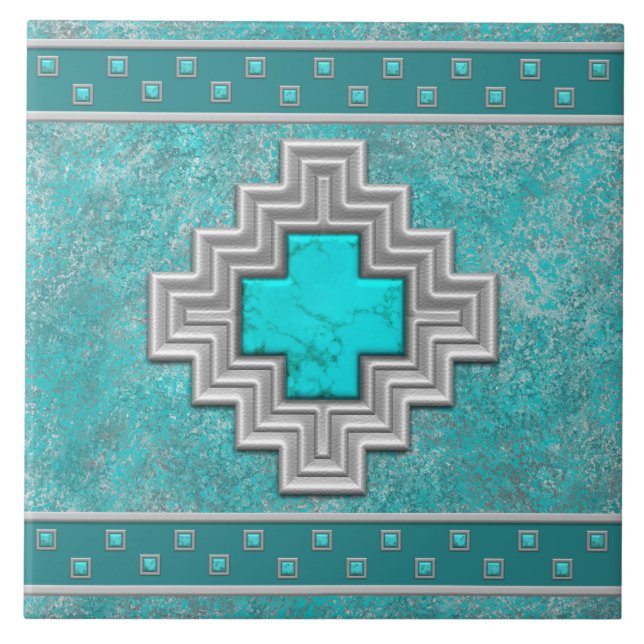 Südwesttürkisfarbenes Stone Geometrisches Muster Fliese (Vorderseite)