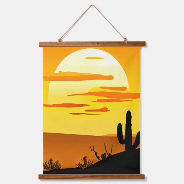 Südwestwüste Sonnenuntergang mit Kaktus Wandteppich Mit Holzrahmen (Vorderseite)