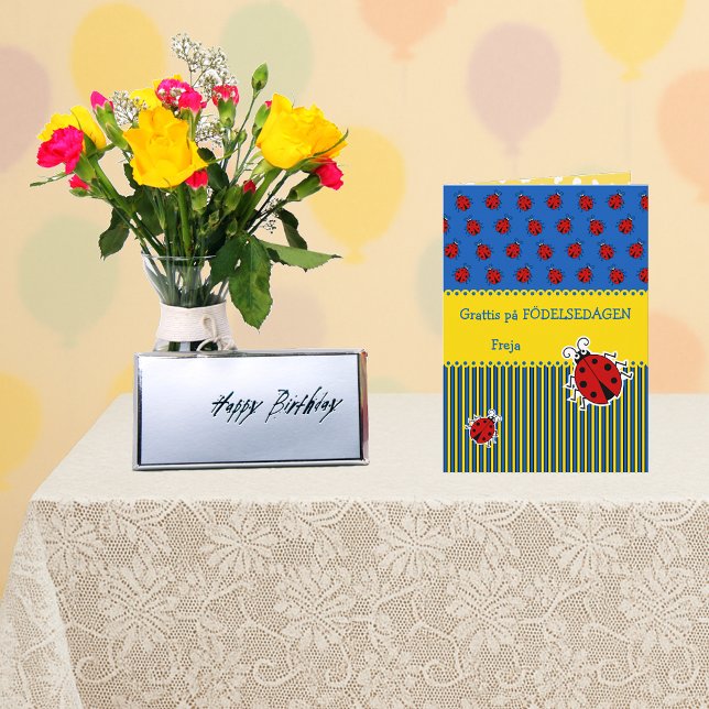 Suédoise ladybug bleu jaune ajouter nom carte d'an (Grattis på födelsedagen)