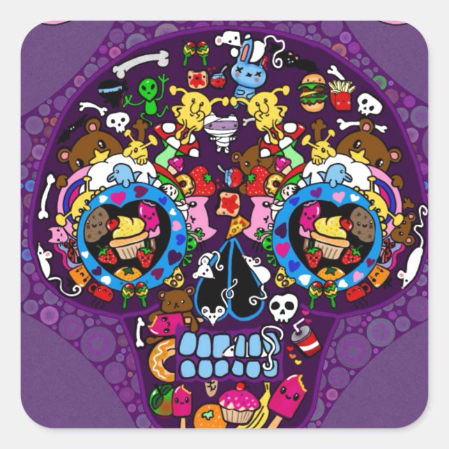 Sugar Art Skull Kawaii Doodle maßgeschneidert Quadratischer Aufkleber (Vorderseite)