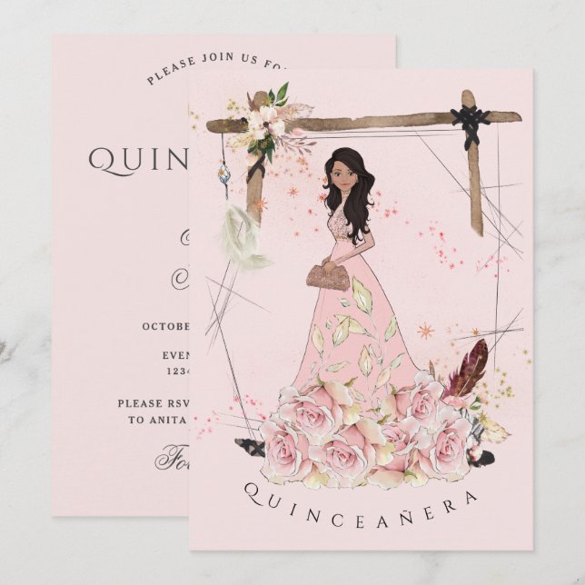 Sugar Pink Boho Beauty Quinceañera Einladung (Vorne/Hinten)