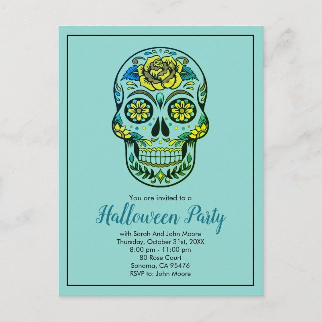 Sugar Skull Aqua Blue Halloween-Party Einladungspostkarte (Vorderseite)