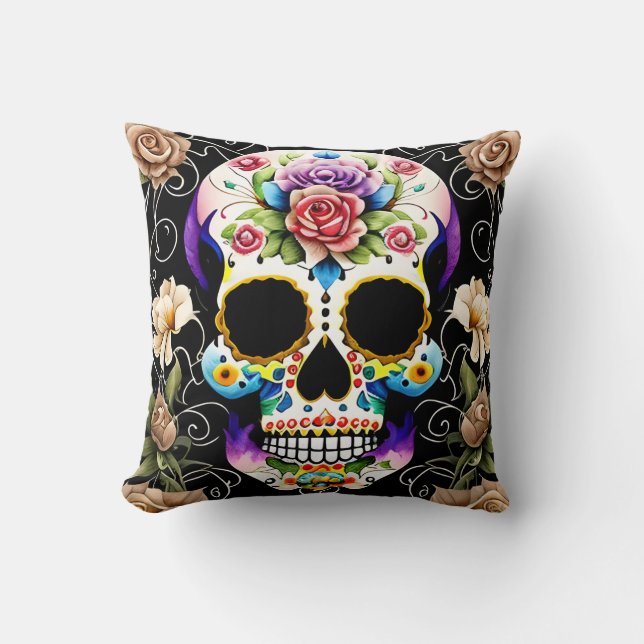Sugar Skull Art - Farbenfrohe Erinnerung Kissen (Vorderseite)