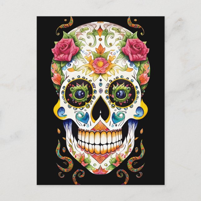 Sugar Skull Art - Festival mit Rosen Postkarte (Vorderseite)