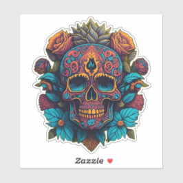 Sugar Skull Art - in Rot, Blau und Gold Aufkleber