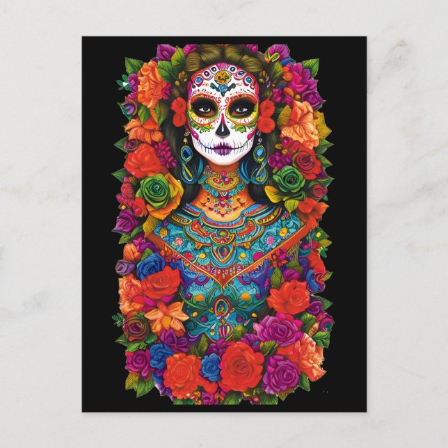 Sugar Skull Art - Schöne Frau in Blume Postkarte (Vorderseite)