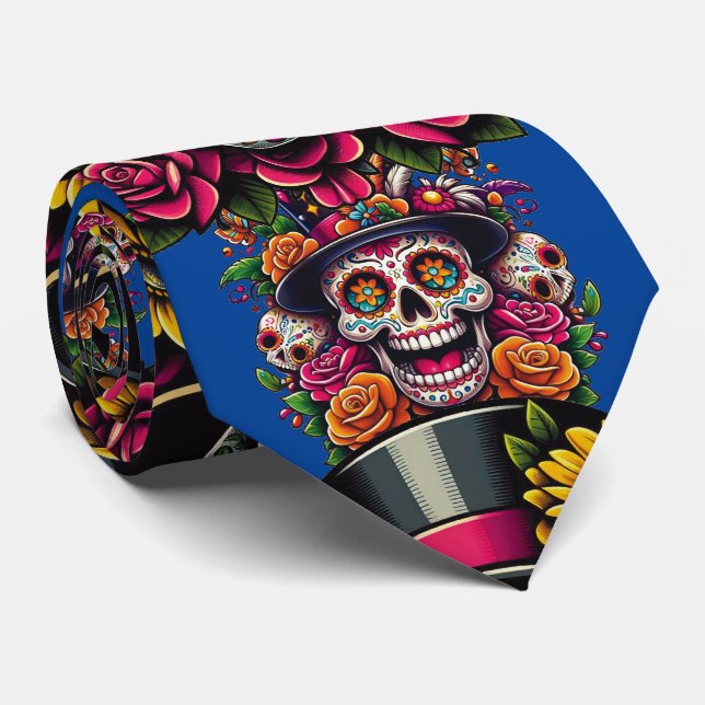 Sugar Skull Art - Top Hat Floral Fiesta (Blau) Krawatte (Gerollt)