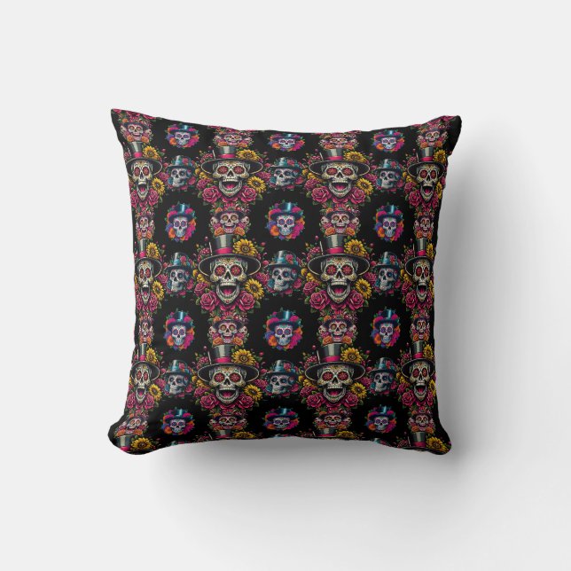 Sugar Skull Art - Top Hat Floral Fiesta Kissen (Vorderseite)