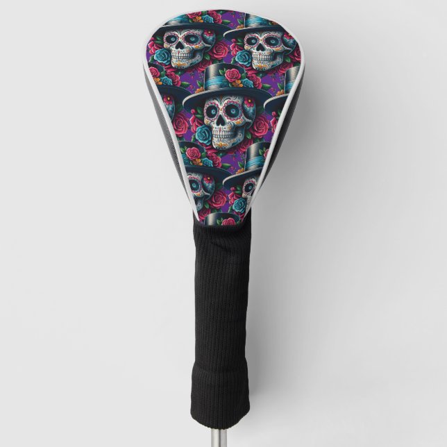 Sugar Skull Art - Top Hat und Pink Roses Golf Headcover (Vorderseite)