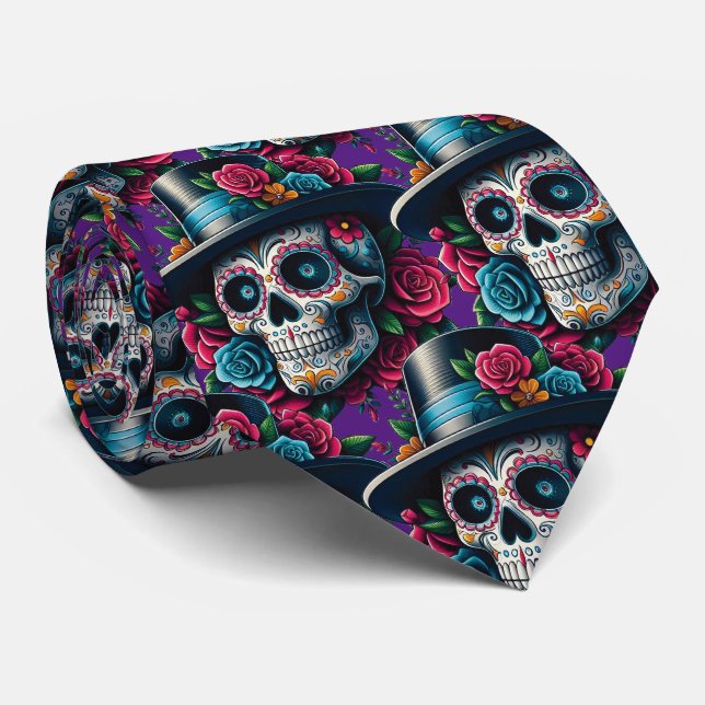 Sugar Skull Art - Top Hat und Pink Roses Krawatte (Gerollt)