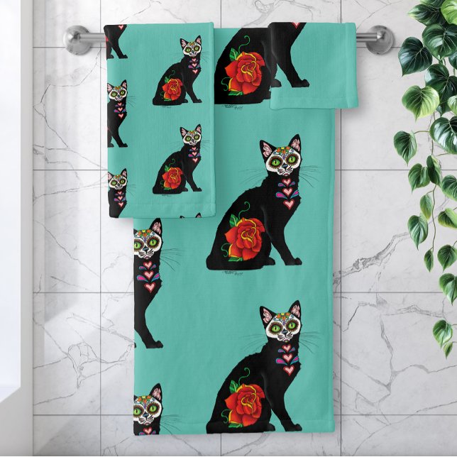 Sugar Skull Black Cat Badhandtuch Set (Von Creator hochgeladen)