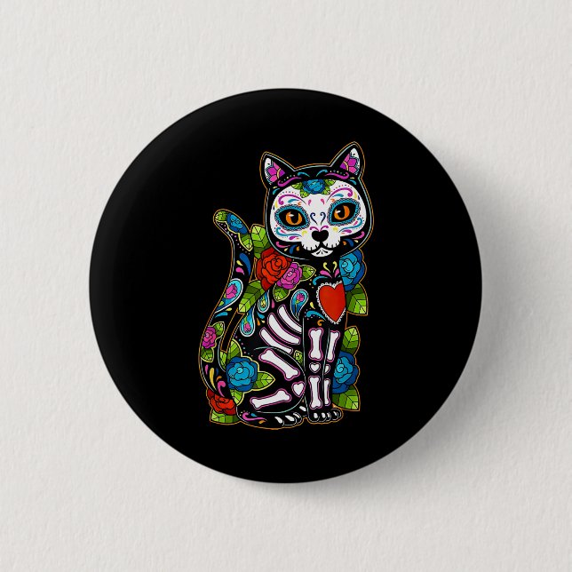 Sugar Skull Black Cat De Los Muertos Catrina Day O Button (Vorderseite)