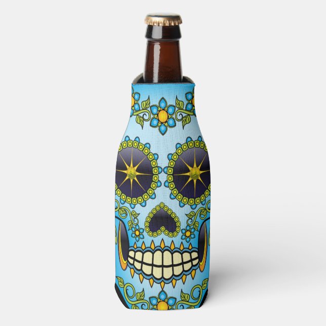 Sugar Skull Blue Floral Flaschenkühler (Flaschenvorderseite)
