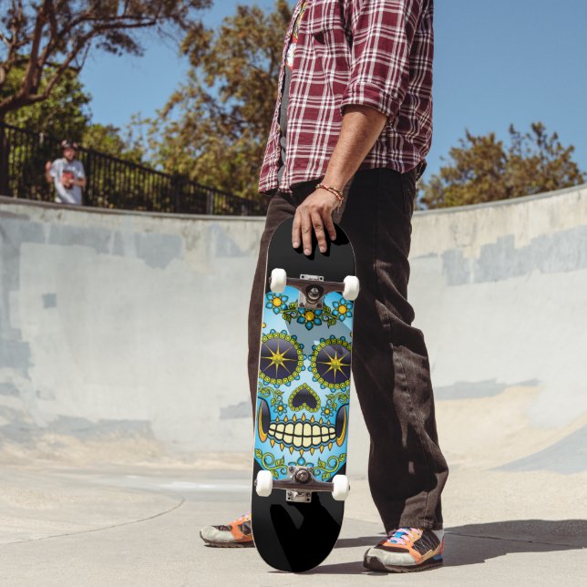 Sugar Skull Blue Floral Skateboard (Außenbereich 2)