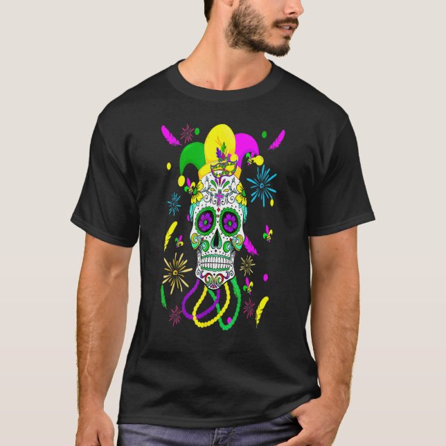 Sugar Skull Carnival Mask Jester Hat Mardi Gras T-Shirt (Vorderseite)