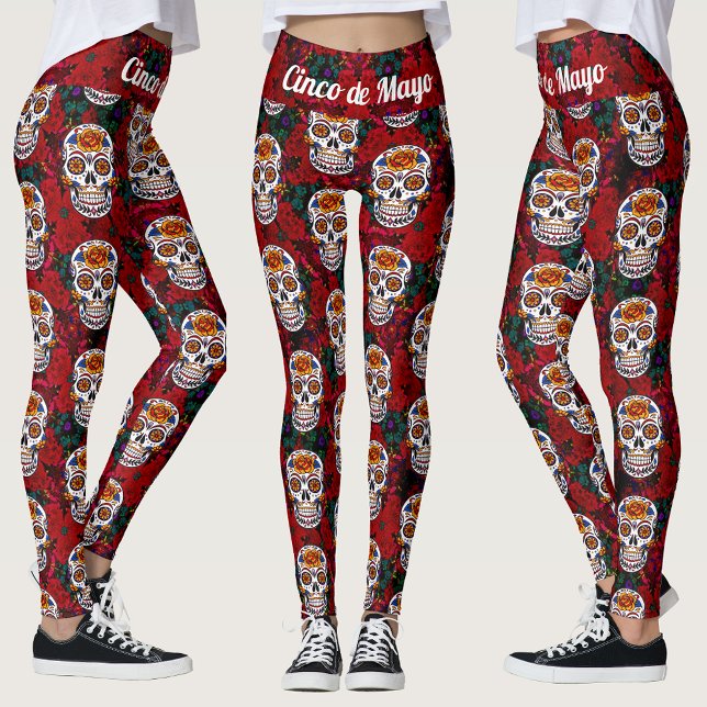 Sugar Skull Cinco de Mayo Red Floral Leggings (Sugar Skull Cinco de Mayo Red Floral Leggings)
