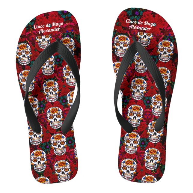 Sugar Skull Cinco de Mayo Red Floral Name Flip Flops (Fußbett)