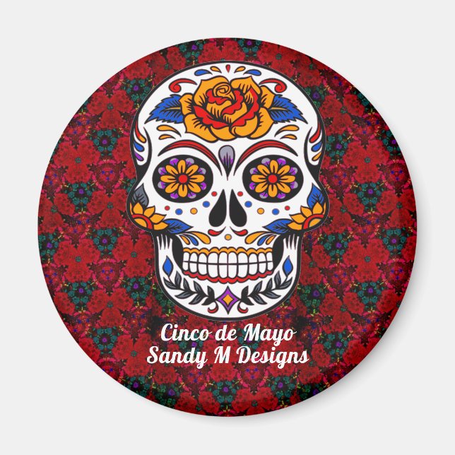 Sugar Skull Cinco de Mayo Rote Blume Name Magnet (Vorne)