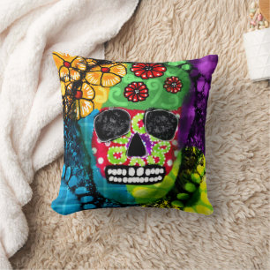 Sugar Skull Day of the Dead Floral Green Blue Kissen