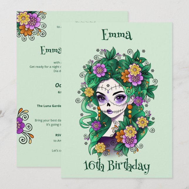 Sugar Skull Dia de los Muertos Sweet 16 Birthday Einladung (Vorne/Hinten)