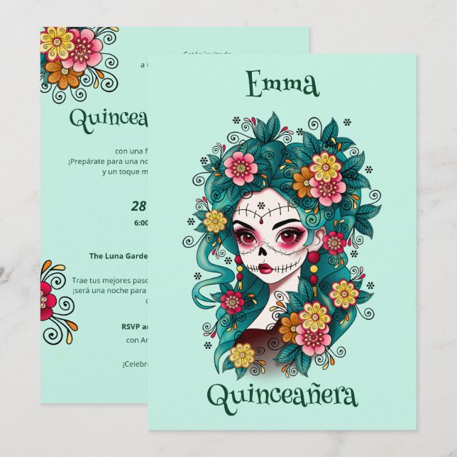 Sugar Skull Dia de Muertos Quinceañera Spanisch Einladung (Vorne/Hinten)