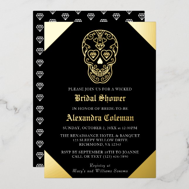 Sugar Skull Diamond Brautparty Foil Einladung (Vorderseite/Rückseite)