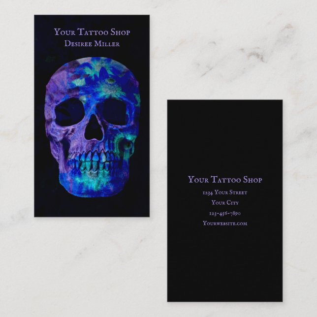 Sugar Skull Farben Blau Aquamarine Lila Tattoo Sho Visitenkarte (Vorne/Hinten)