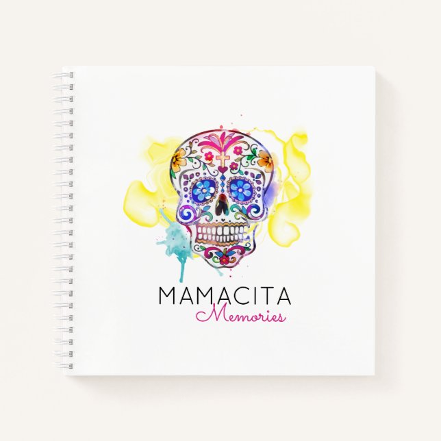 Sugar Skull farbenfrohe Wasserfarben NAME Erinneru Notizbuch (Vorderseite)