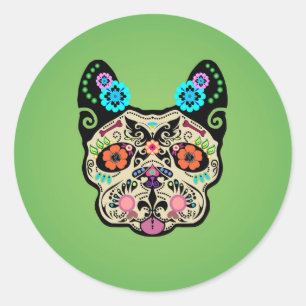 Sugar Skull Frenchie - Green Runder Aufkleber