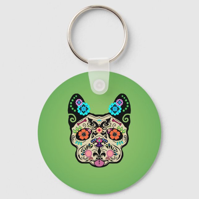 Sugar Skull Frenchie - Green Schlüsselanhänger (Vorderseite)