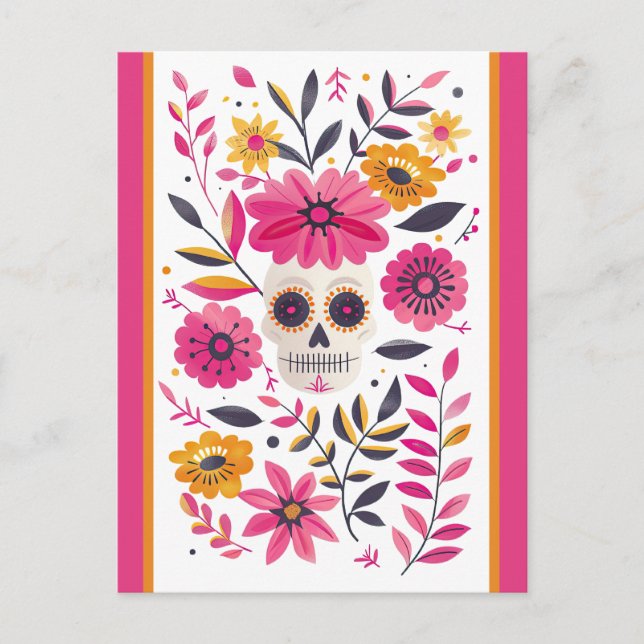 Sugar Skull Fuchsia Mexikanische Blume Cinco de Ma Postkarte (Vorderseite)