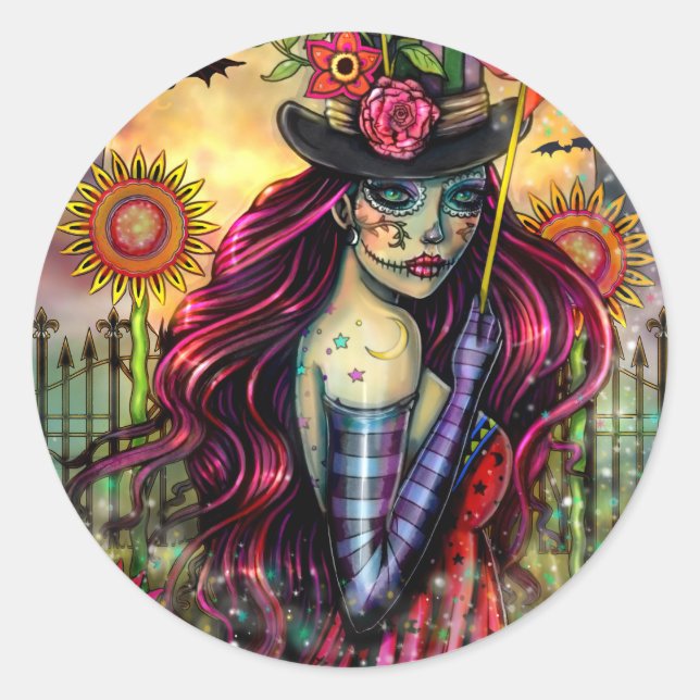 Sugar Skull Girl Fantasy Halloween Art Runder Aufkleber (Vorderseite)