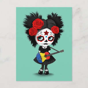 Sugar Skull Girl Playing Rumänische Flag Gitarre Postkarte