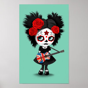 Sugar Skull Girl Playing Union Jack Guitar Poster
