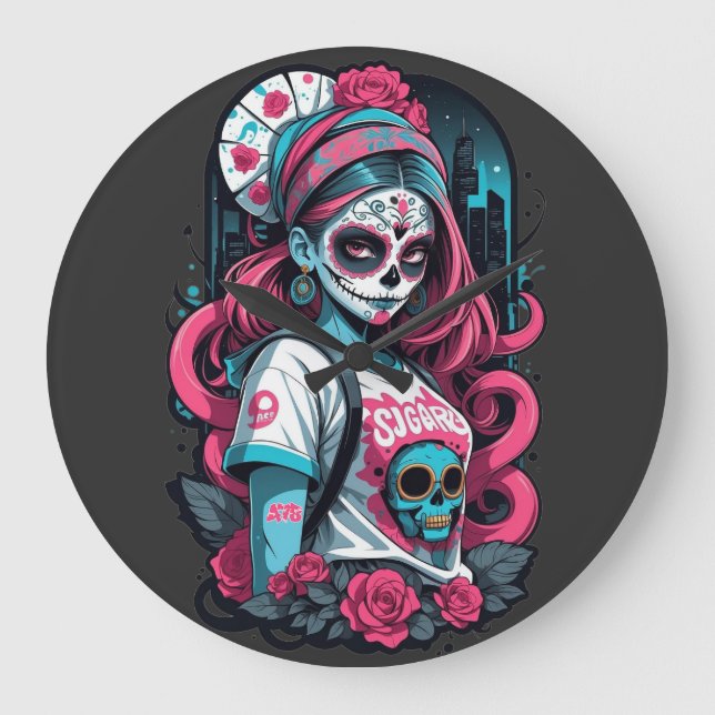 Sugar Skull Girl with Pink Highlights and Roses Große Wanduhr (Vorderseite)