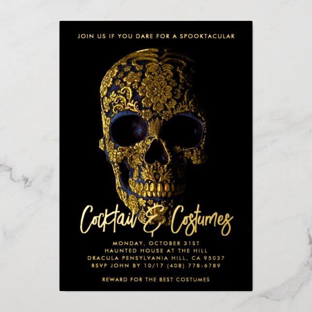 Sugar Skull Gold Dia De Los Muertos Halloween Folieneinladung (Vorderseite)