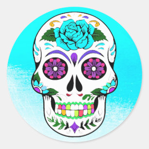 Sugar Skull Halloween Aquamarin Lila Runder Aufkleber
