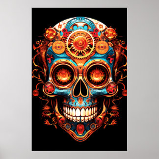 Sugar Skull Images Dark Blue Smiling Guy on a Wall Poster