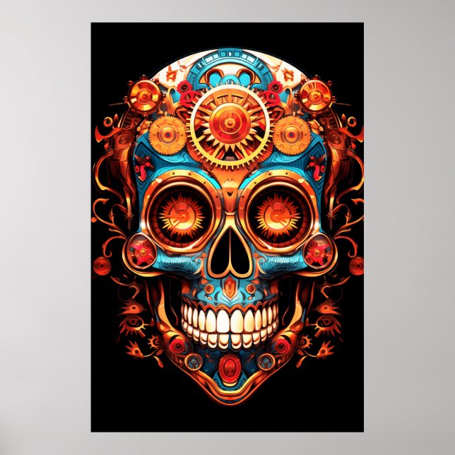 Sugar Skull Images Dark Blue Smiling Guy on a Wall Poster (Vorne)