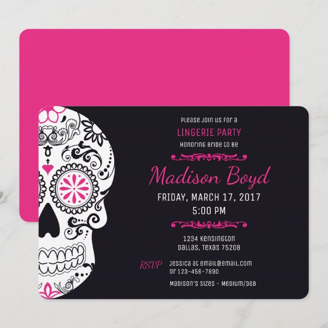 Sugar Skull Lingerie Party Hot Pink & Black Invite Einladung (Vorne/Hinten)