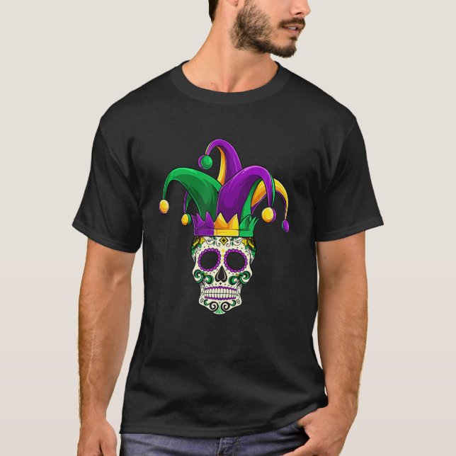 Sugar Skull Mardi Gras, Jester Costume Men Women T-Shirt (Vorderseite)
