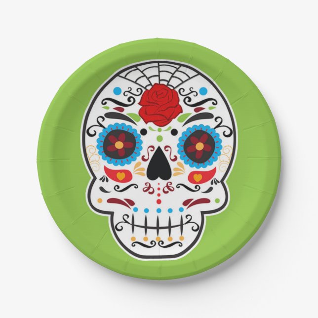 Sugar Skull Mexican Skeleton Party Green Pappteller (Vorderseite)