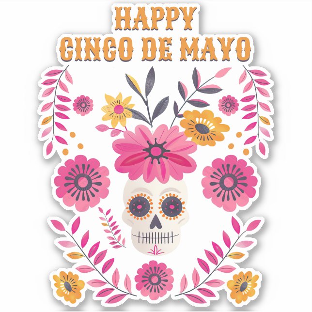 Sugar Skull mexikanische Blume Happy Cinco de Mayo Aufkleber (Vorderseite)