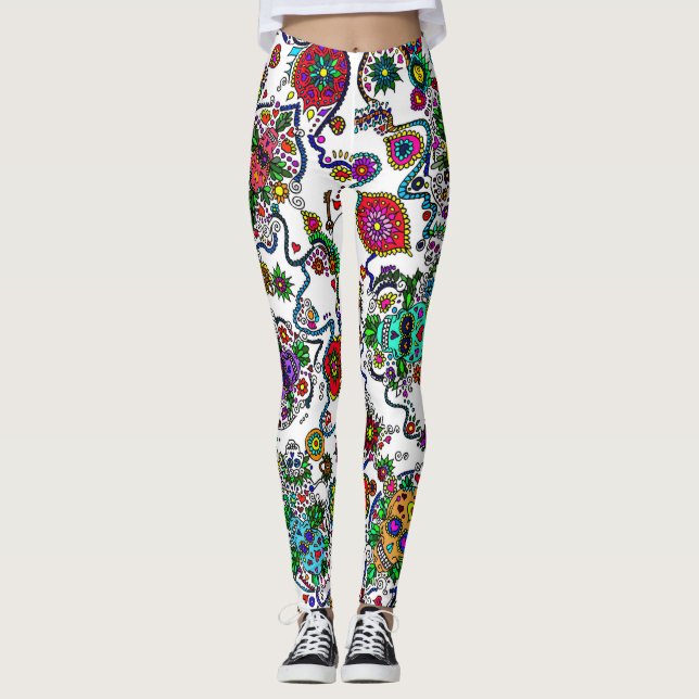 Sugar Skull Muster Ladys Leggings (Vorderseite)