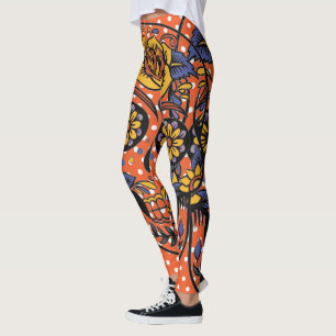 Sugar Skull Orange Lila Polka Dot Leggings