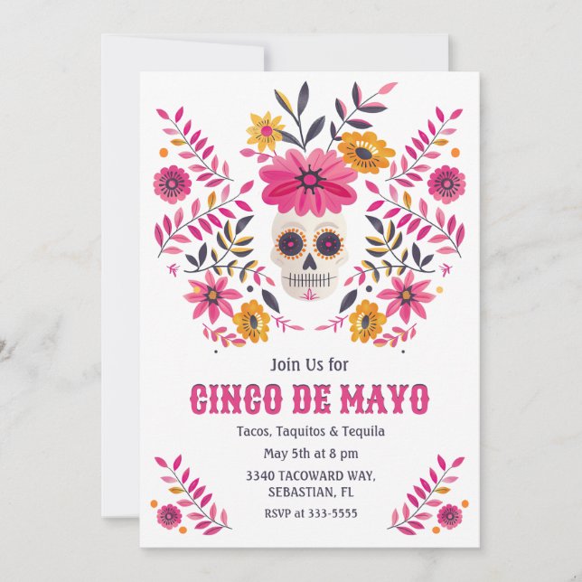 Sugar Skull Pink Folk Blume Cinco de Mayo Fiesta Einladung (Vorderseite)
