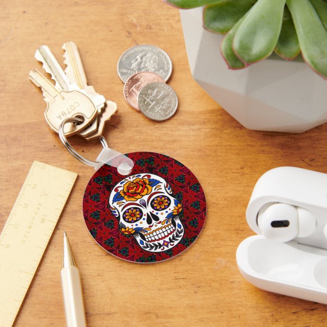 Sugar Skull Red Floral Cinco de Mayo Schlüsselanhänger (Schreibtisch)
