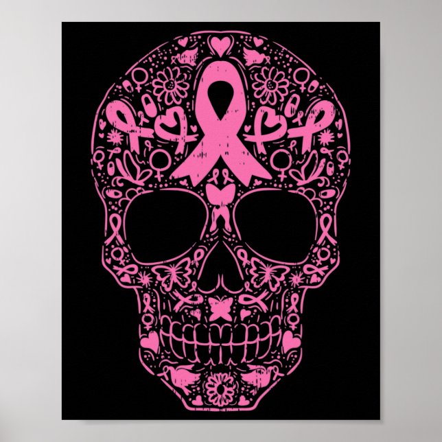 Sugar Skull Rosa Ribbon Calavera Brustkrebs Awa Poster (Vorne)