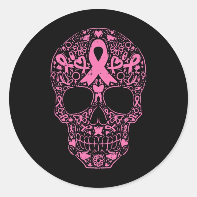 Sugar Skull Rosa Ribbon Calavera Brustkrebs Awa Runder Aufkleber (Vorderseite)
